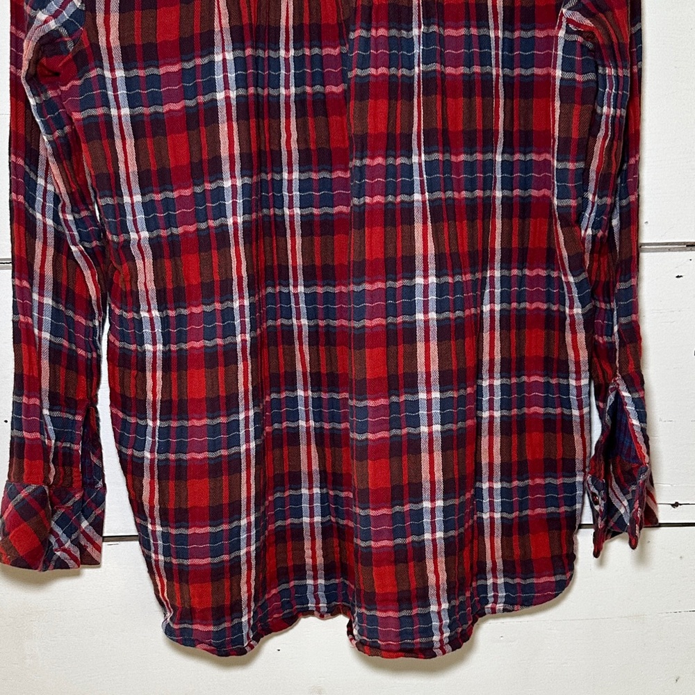 Free People Magical Ebroidered Button Down Red and Blue Plaid Shirt - Picture 8 of 13